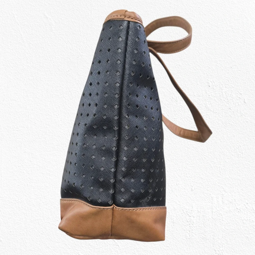Marc Fisher Black Tan Perforated Tote Bag Zip Shoulder Purse Large Shopper Bag